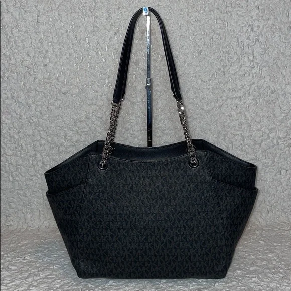 Michael Kors Jet Set Large Monogram Shoulder Bag Tote & Studded Wallet Set Black - Picture 8 of 17